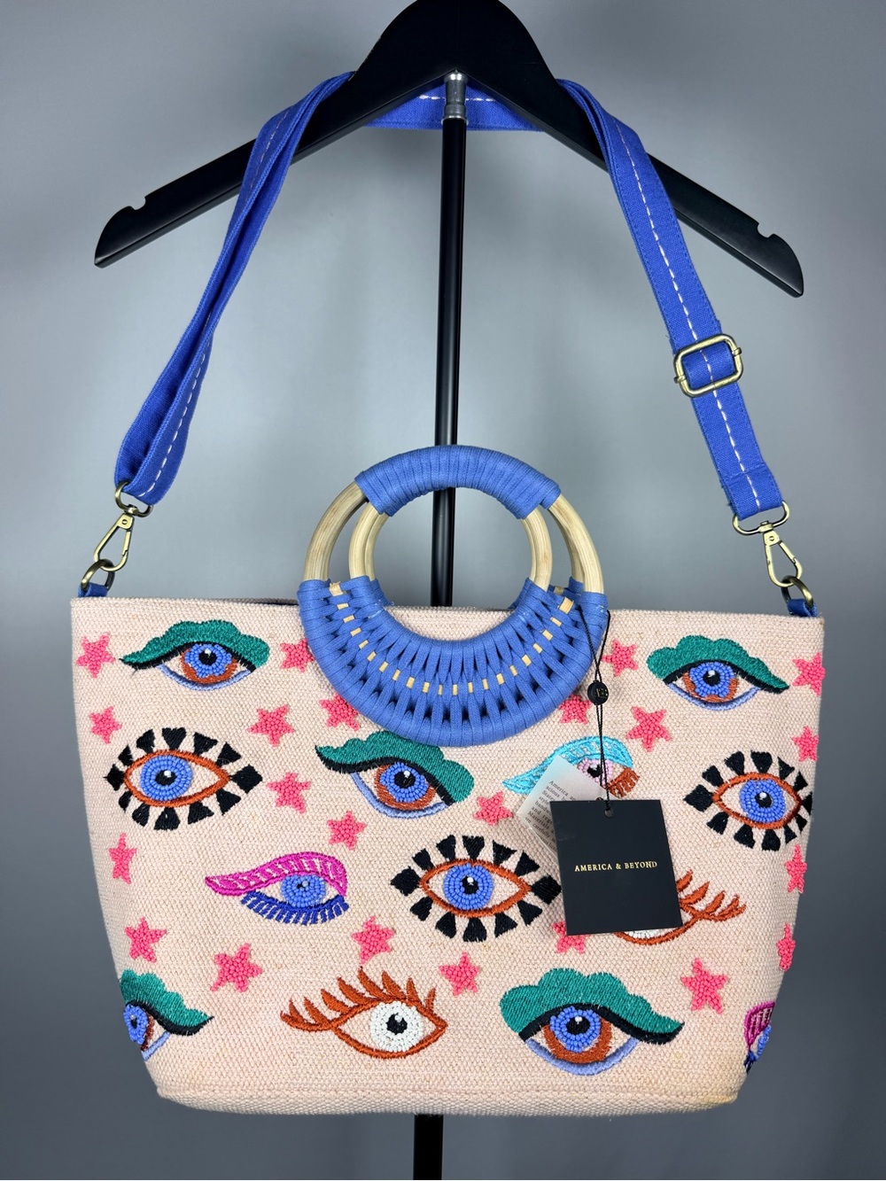 America & Beyond Pink Embroidered Eye Tote with Blue Handles and Strap
